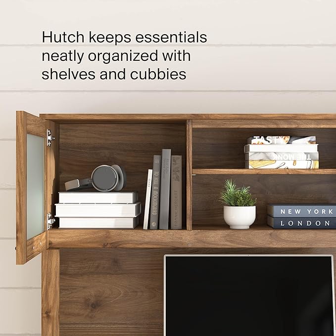 Bush Home 60-Inch Desk Hutch, Office Storage Organizer with Shelves, Cubbies and Frosted Glass Doors for Computer Desk, Home Office Furniture, Somerset Collection, Fresh Walnut