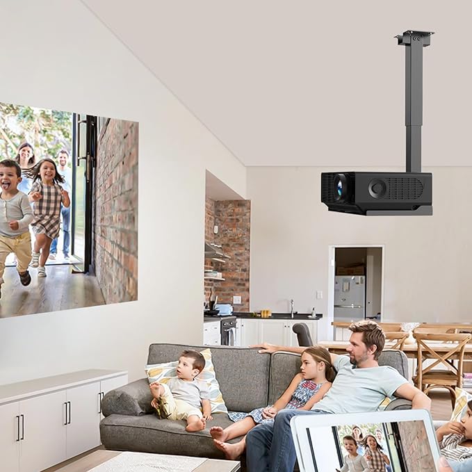 Projector Ceiling Mount with Tray, Adjustable Height Universal Bracket with Concealed Cable Management, No Hole Installation, Holds up to 22 lbs – Ideal for Home Theater & Office (Black)