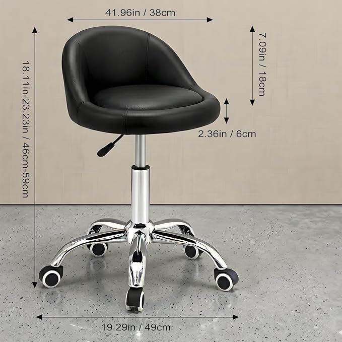 combofix Adjustable Rolling Stool with Backrest, 15" Round PU Leather Swivel Stool, Heavy Duty 400lbs Office Chair with Wheels, for Salon Tattoo Drafting Work SPA Massage Home Office, Black