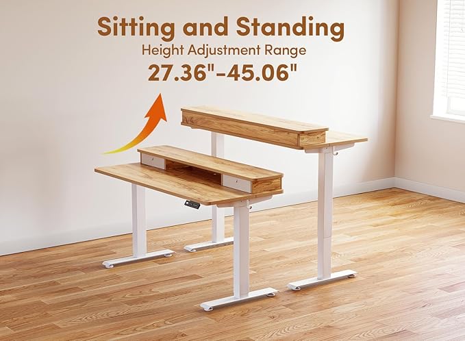 BANTI 48x24 Inch Electric Standing Desk with Dual Drawers, Height Adjustable Stand Up Table, Sit Stand Home Office Desk with Storage Shelf, White Frame/Light Rustic Brown Top