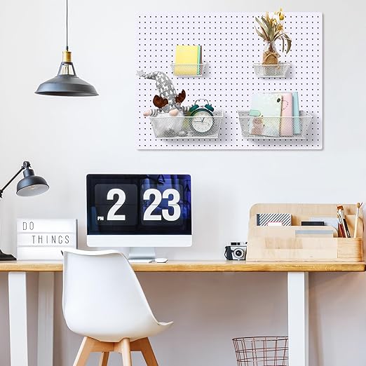 Sieral 4 Pcs Pegboard Baskets Metal Wire Shelf Baskets Peg Board Organizer Accessories Wall Mount Organizer Attachments for Garage Workbench Various Tool Accessories, 2 Sizes (White,Small, Large)