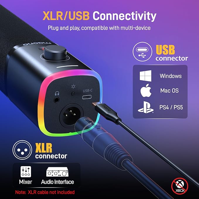 MAONO USB/XLR Dynamic Microphone for PC with 6FT XLR Cable, Computer Streaming Gaming Mic with RGB Light, Mute Button, Headphones Jack,Desktop Microphone Bundle for Podcast Recording