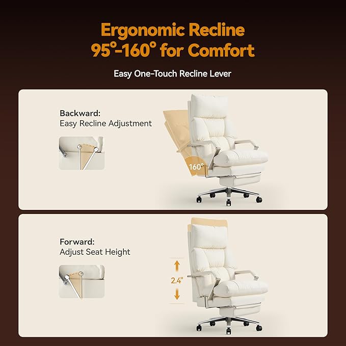 OKUP M76 160° Reclining Executive Office Chair with Footrest, Adjustable Seat Depth, 10" Thick Cloud Cushion Desk Chair, 420lb Heavy Duty High Back Leather Desk Chair for Home Office, Cream