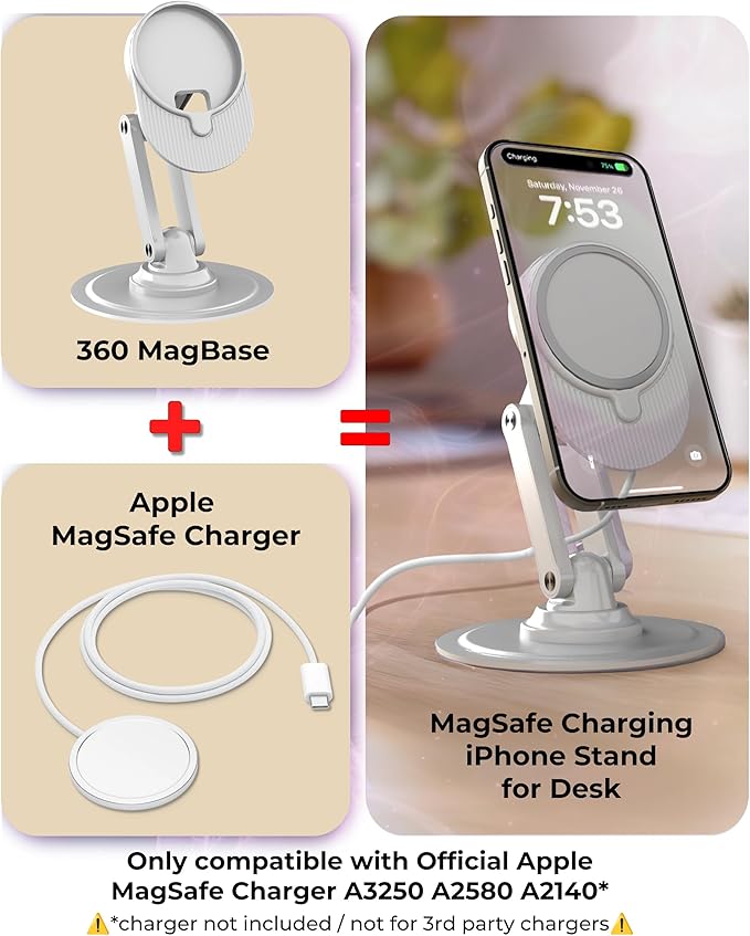 COOPER 360 MagBase - iPhone MagSafe Charger Stand for Apple MagSafe Charger (Not Included) AirPods Charger, MagSafe Stand for iPhone 17/16/15/14/13/12 Pro/Max | Standby Mode, 360° Rotation (White)