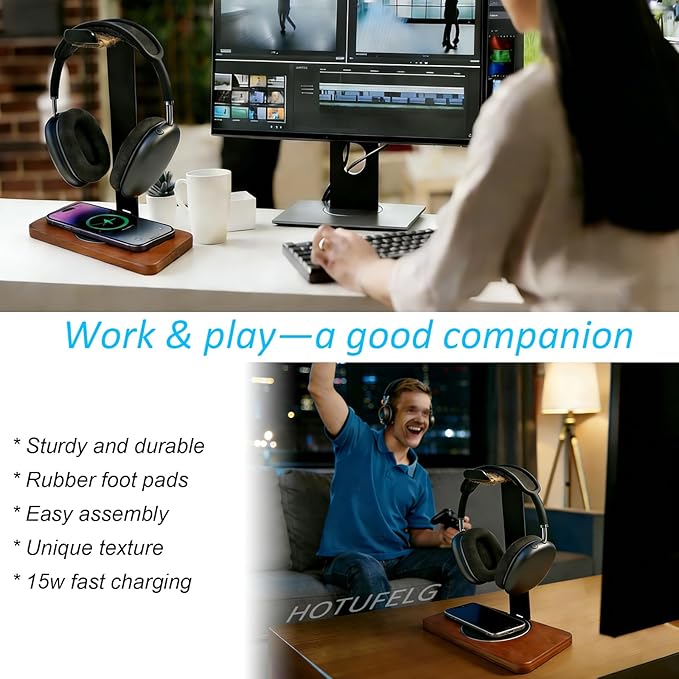 Handmade Solid Wood 2-in-1 Headset Stand with Wireless Charger 15W Max Fast,Wireless Charging Dock Compatible with iPhone 17/16/15/14 /Samsung Series,Universal Holder for All Desk Headphones