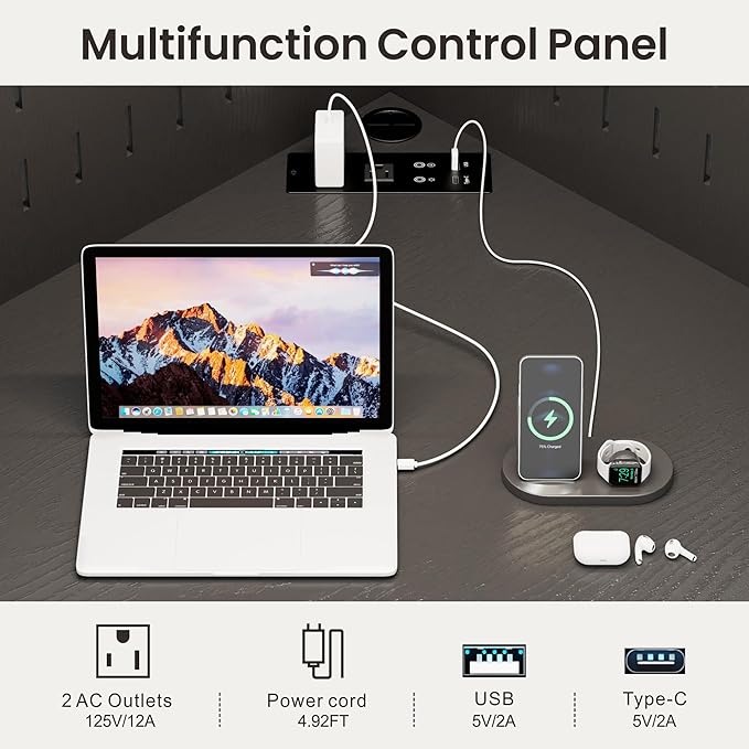 Corner Desk with LED Reading Lights, L Shaped Computer Desk with Hutch & Shelves, Triangle Home Office Desk w/ Charging Station for Work & Study, File Cabinet Storage Bookshelf for Small Space (Black)
