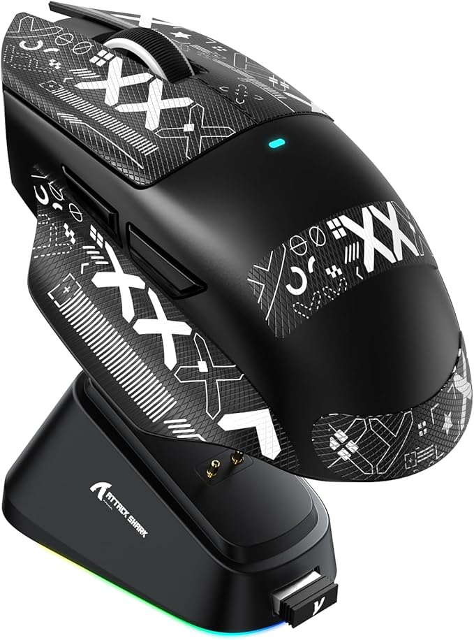 ATTACK SHARK V6 Wireless Gaming Mouse with RGB Charging Dock, 25K DPI PAW3311 Sensor, 1K Polling Tri-Mode Ergonomic PC Mice, 5 Programmable Bottons, Cloud-Based AI Driver for Win/Mac,Black&Tape