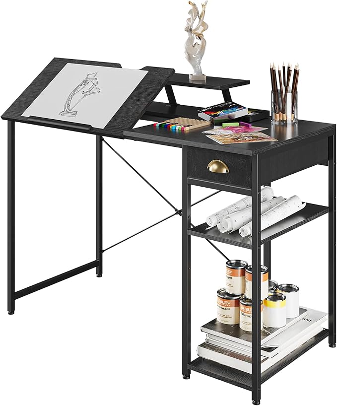 X-cosrack Drafting Table with Storage Shelves & Drawer, 43" Adjustable Art Desk with Monitor Stand for Home Office Computer, Tiltable Draft Drawing Table for Artist, Study, Writing Workstation, Black