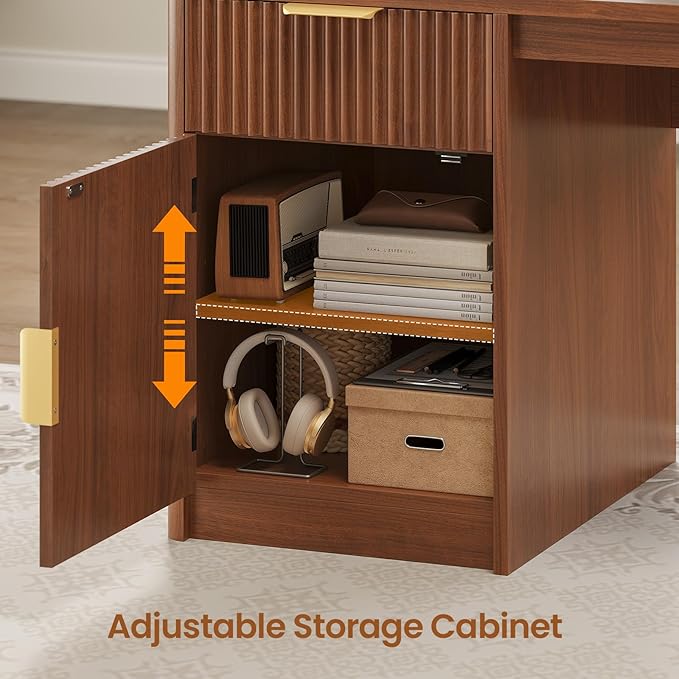 SEDETA 67" x 65" L Shaped Desk with Hutch, RGB LED Corner Computer Desk with Power Outlets, Fluted Home Office Desk with File Drawer, Storage & Glass Display Cabinets for Gaming & Working, Brown