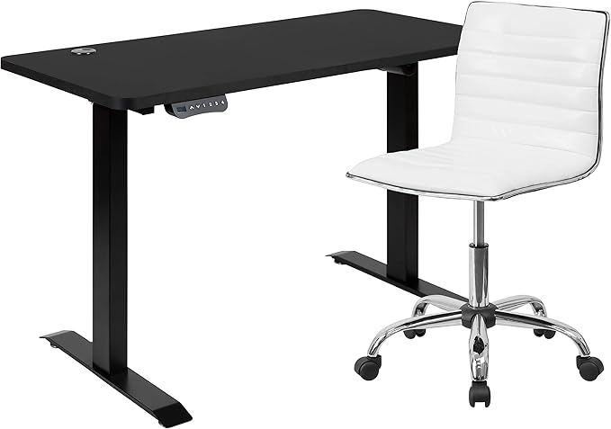 Flash Furniture Park 48" Wide Black Electric Height Adjustable Standing Desk with Designer Armless White Ribbed Swivel Task Office Chair