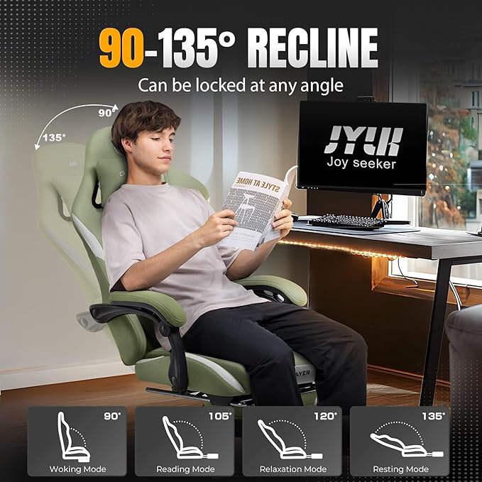 GTPLAYER Gaming Chair with Foot Rest & Pocket Spring Cushion, Breathable Fabric for Home Office Desk, Ergonomic High Back Computer Chair with Headrest & Lumbar Support, Green