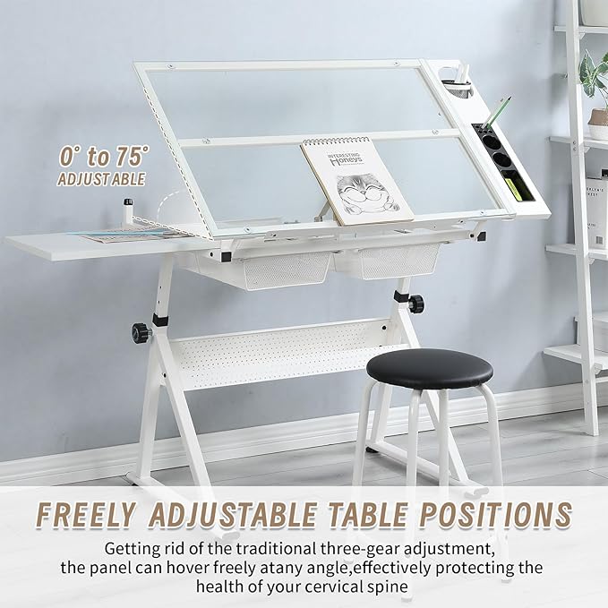 Adjustable Tempered Glass Drafting Table, 0-75° Tilting Art Desk with Multi-Storage Drawers & Trays, Height Adjustable 27.1"-35.8" Drawing Table with Chair, White