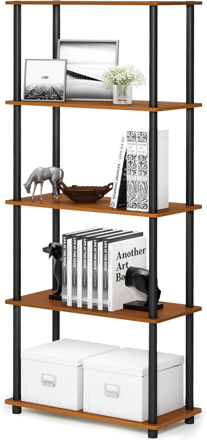 Furinno Wire Book Shelf, 5-Tier Industrial Style Metal Frame Bookcase, Display Shelf, 24 Wide, Walnut Cove