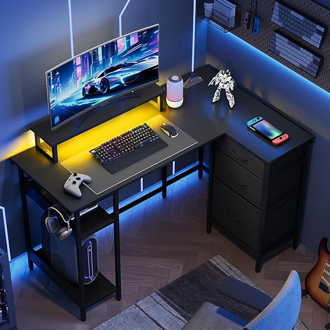 DEVAISE L Shaped Gaming Desk with Drawers and Storage, L Shaped Desk with LED Lights, Power Outlets, PC Desk with Monitor Stand, Corner Desk for Home Office (Black, 47 Inch)