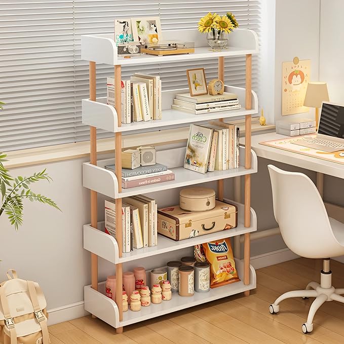 OSCHF 5-Tier Wooden Open Bookcase - Modern Display Bookshelf with Top Edge and Solid Wood Frame for Home and Office, Storage Cabinet, Warm White