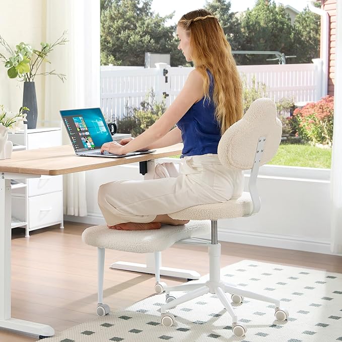 Pinmoco Cross Legged Office Chair with Wheels, Meditation Chair, ADHD Chair for Adults, Wider Height Adjustable Backrest and Seat, Yoga Office Chair, Teddy Fabric, Off White