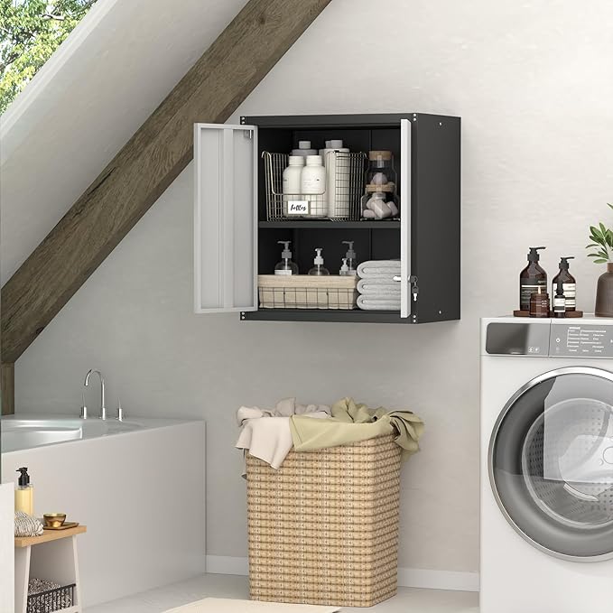 Metal Garage Storage Cabinet, Metal Wall Cabinets with Doors and Shelves, Steel Locking Cabinets, Floating Tool Cabinet for Garage, Basement, Warehouse