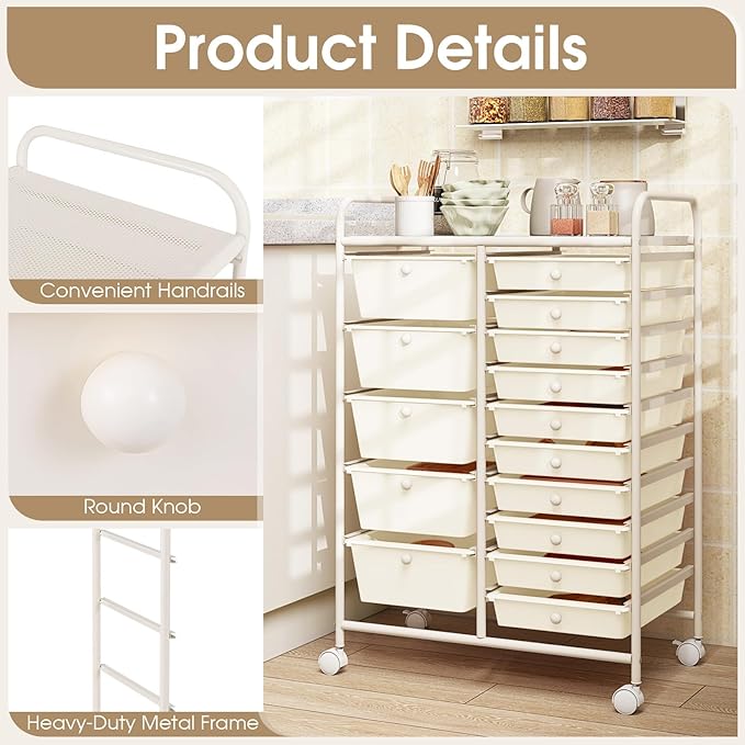 Moccha 15-Drawer Rolling Storage Cart - Under Desk Storage Drawers with wheels for Craft Art Supply Paper Salon, Scrapbook Paper Tools, Mobile Utility Cart for Classroom (15 Drawers, White)