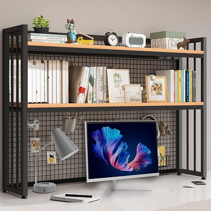 HUATOL 2-Tier Desktop Hutch Bookshelf Metal Desk Shelf, Storage Display Shelf for Computer Desk, Multifunctional Freestanding Storage Rack Display Shelf for Office, Home Decor (37.4 * 35.9 * 9.44 in)