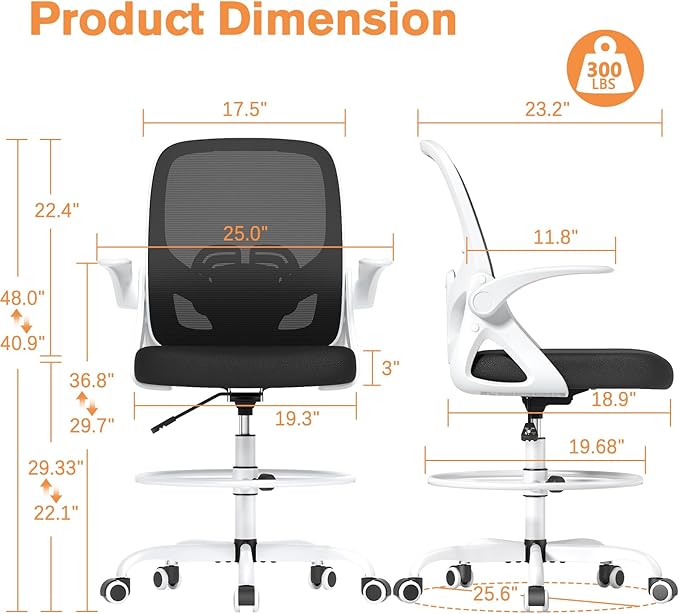 ORRSAKER Drafting Chair Tall Office Chair for Standing Desk, Breathable Mesh Ergonomic Computer Desk Chair with Flip-Up Armrests, Adjustable Lumbar Support and Footrest Ring,300 LBS，White