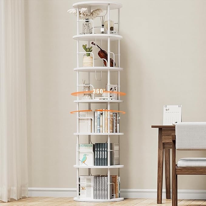 ALLSTAND 6 Tier Rotating Bookshelf, 360 ° Display Stackable Spinning Bookshelf Tower, Corner Bookshelf Tall Floor Standing Swivel Bookcase Narrow Storage Organizer for Bedroom, Living Room, White