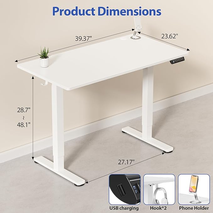 YESHOMY Height Adjustable Electric Standing Desk, 39 x 24 Inches Memory Home Office Sit Stand up Desk with Phone Holder and USB Charging Port, White