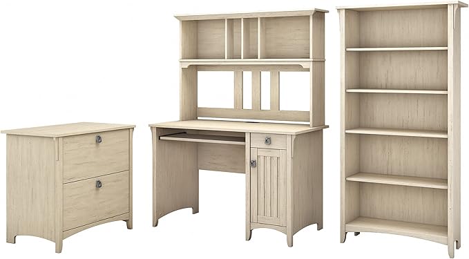 Bush Home Salinas Mission Desk with Hutch, Lateral File Cabinet and 5 Shelf Bookcase in Antique White
