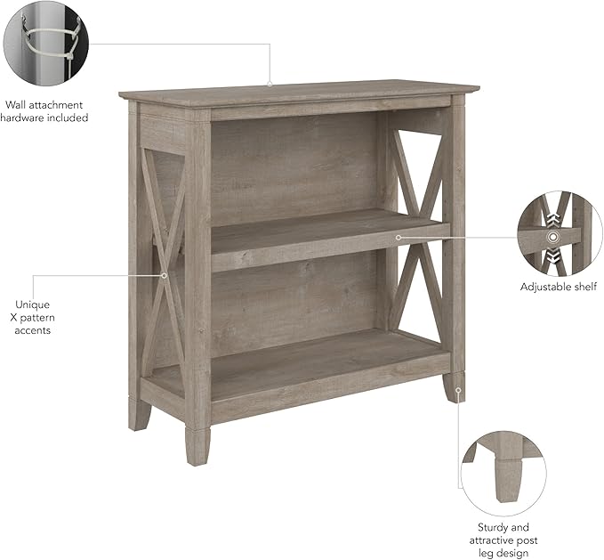Bush Furniture Key West Small 2 Shelf Bookcase in Washed Gray, Compact Home Organizer, Vertical Storage Solution, Bookshelf for Office or Living Room