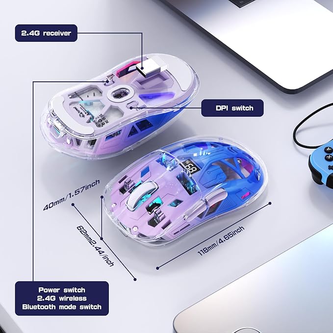 FREEWOLF A2 Transparent Wireless Gaming Mouse,Dual Mode BT 5.0/2.4G PC Gaming Mice,PixArt 3212 5 Adjustable DPI,Rechargeable Silent Mouse with Digital Screen,RGB Backlight Mouse for Win/Mac(Purple)