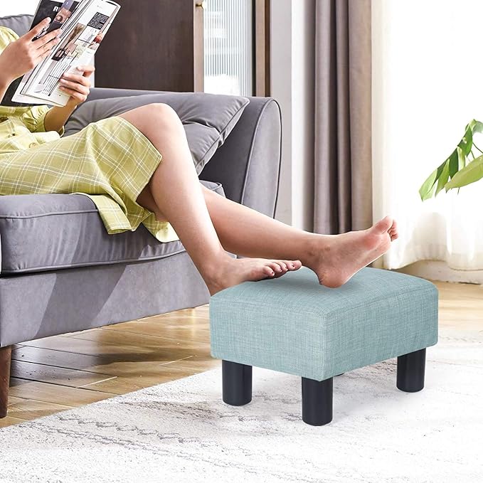 Linen Ottoman Footrest, Small Stool with Plastic Legs, Light Blue