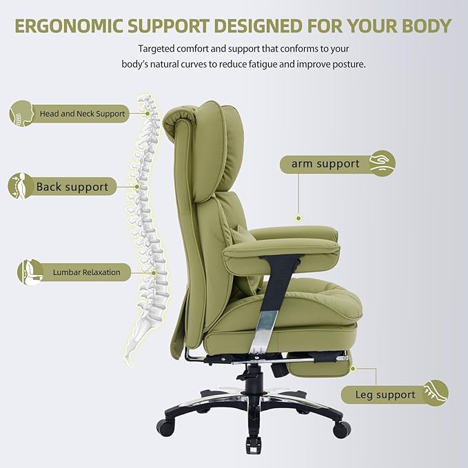 Efomao Desk Office Chair, X-Embroidery Big and Tall PU Leather Home Chair, Adjustable High Back Computer Gaming Chair, 200kg Swivel Executive Office Chair with Footrest and Lumbar Support, OLIVE GREEN