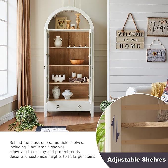 70" Tall Arched Cabinet, Modern Farmhouse Wooden Display Cabinet with Glass Doors, 6 Tier Bookshelf with Adjustable Shelves for Living Room, Office, Antique White
