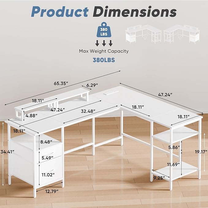 DUMOS 62 Inch L Shaped Gaming Desk with Charging Station & 2 Monitor Stands, Computer Desk with Drawer & Adjustable Storage Shelves, Large Corner Desk for Home Office, Pure White