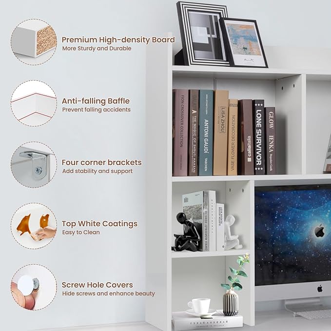Desktop Bookshelf 36" Tall, White Desk Hutch for Computer Desk, 4-Tire Wood Desk Shelf Storage Organizer for Office Home