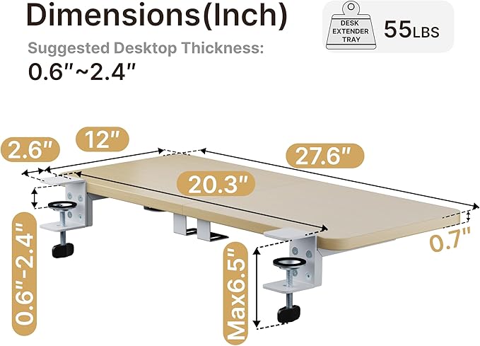PEGZONE Desk Extender Tray, 28" x 12" Clamp On Desk Shelf, Desk Extension with Laptop Holder, Table Desk Arm Rest, Clamp On Keyboard Tray for Office and Home, Workstation Organizer, Large, Wood