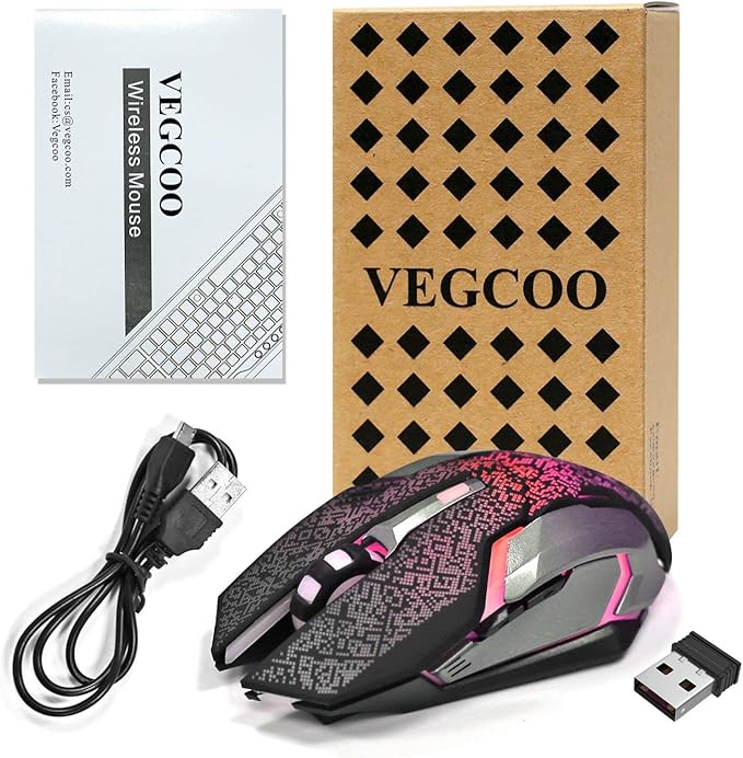 VEGCOO Wireless Gaming Mouse, C8 Wireless Rechargeable Mouse with Colorful LED Lights and 2400/1600/1000 DPI for Laptop and Computer (C9 Silver)