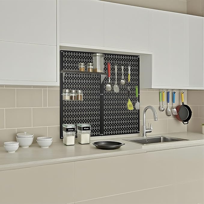 Garage Peg Board Organizer - 2-Pack 32" X 16" Black Heavy-Duty Metal Pegboard Panels, High-Capacity Wall Mount Peg Board for Tool Storage, Workshop, Kitchen, Garage & Office Organization