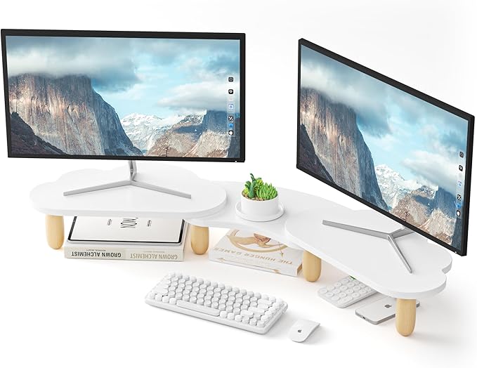 AFOOYO Dual Monitor Stand Riser,Rainbow Cloud Desktop Computer Stand for 2 Monitors,Adjustable Length and Angle Multifunctional Desktop Organizer Stand for Laptop, PC, Computer, Printer,White