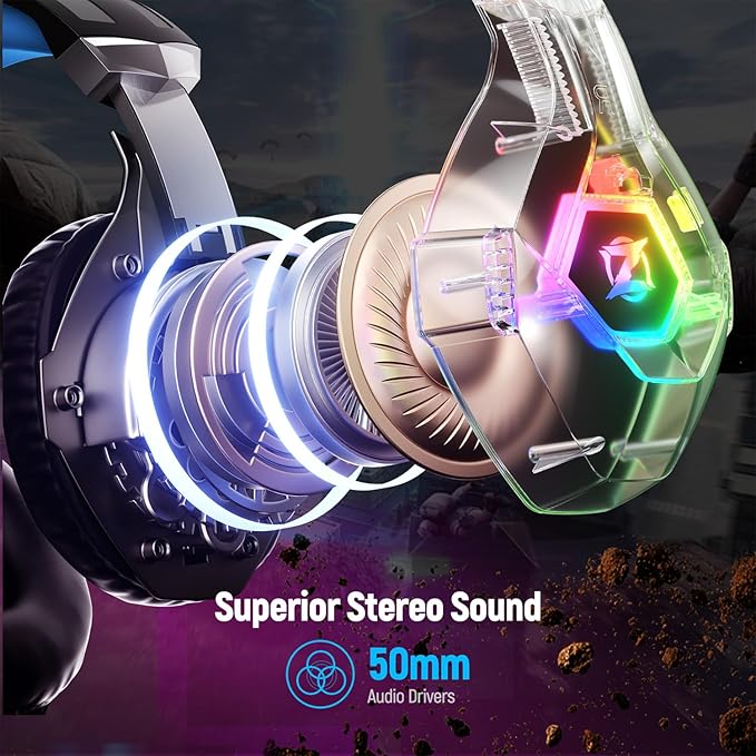 Ozeino Gaming Headset for PC, Ps4, Ps5, Xbox Headset with 7.1 Surround Sound, Gaming Headphones with Noise Cancelling Mic RGB Light Over Ear Headphones for Xbox Series X/S, Switch-Blue