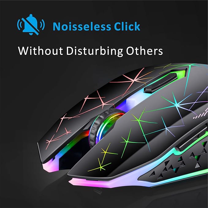TENMOS V7 Wireless Gaming Mouse, Rechargeable LED Wireless Mouse Silent Optical Rainbow USB Computer Mice for Laptop PC (Black)
