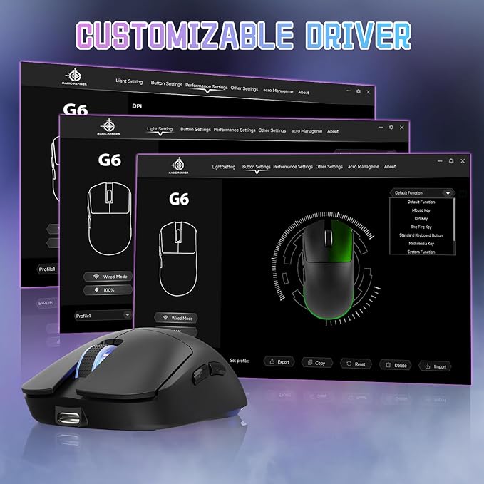 MAGIC-REFINER G6 Wireless Gaming Mouse,24000 DPI Adjustable,72g Lightweight Mouse,1000Hz Polling Rate,Tir-Mode BT/2.4G/ Wired Gaming Mouse,750mAh Battery,with Grip Tape for Gamer/Office/PC/Mac,Black