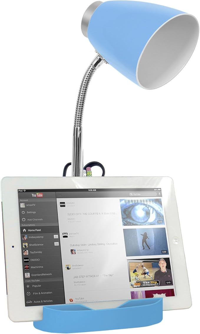 Simple Designs LD1002-BLU Gooseneck Organizer Desk Lamp with iPad Tablet Stand Book Holder, Blue