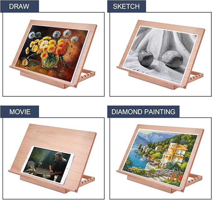 Large Artist Drawing & Sketching Board, 6-Position Adjustable Wood Drafting Table Easel, 24.8" L x 16.5" W (A2) Art Easel for Artist, Beginners, Students