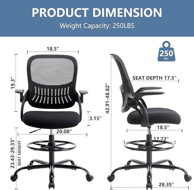 DUMOS Drafting Chair with Flip-up Arms, Tall Office Standing Desk Chair with 360° Rolling Chair, Counter Height Adjustable Ergonomic Mesh Computer Chair, New Black