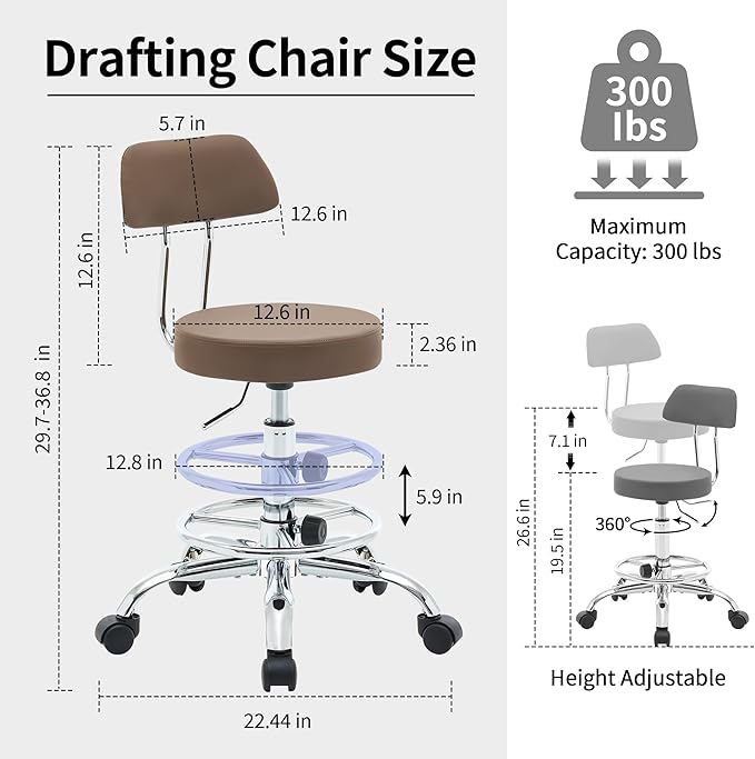 FIRAVOE Office Drafting Chair (Rolling Office Stool) (Adjustable Height Footrest Massage Chair 19.5"-26.6") Lab Stool with Back (Coffee Brown)
