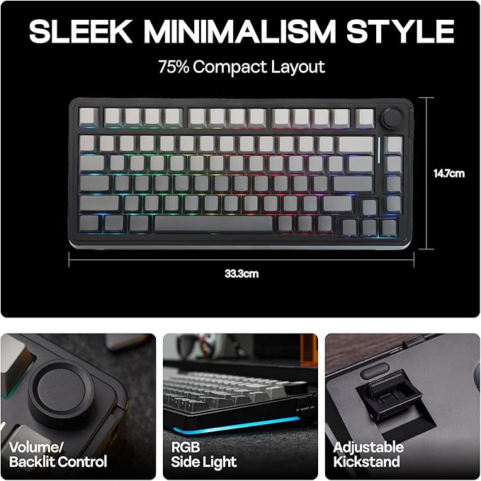 EPOMAKER EA75 75% RGB Gaming Mechanical Keyboard, 2.4GHz/Type-C/BT Creamy Wireless Keyboard with Knob, Shine Through PBT Keycaps, Hot Swappable for Gamers (Black Gradient, Reaper Switch)