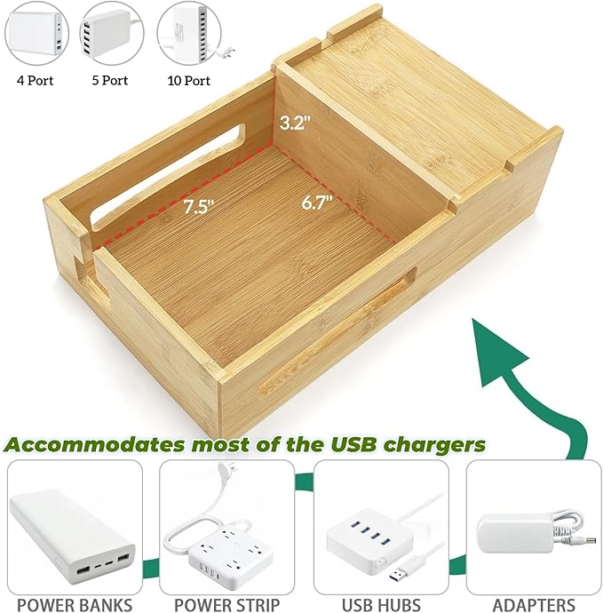 ZOOFOX Bamboo Charging Station for Multiple Devices, Desk Docking Station with Removable Divider Slots and Drawer, Bedside Charging Station Compatible with Smartphone, Tablet, Laptop, Earphone