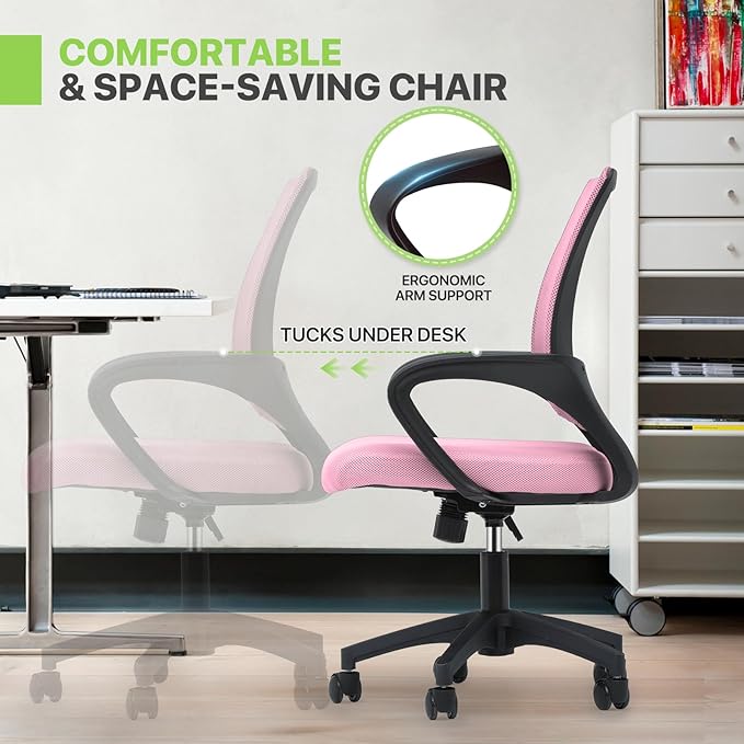 Magshion Office Chair, Ergonomic Mid-Back Mesh Desk Chair, Rolling Computer Chair with Lumbar Support & Comfy Armrests for for Gaming, Work, Study, 300 Lbs Capacity, Pink