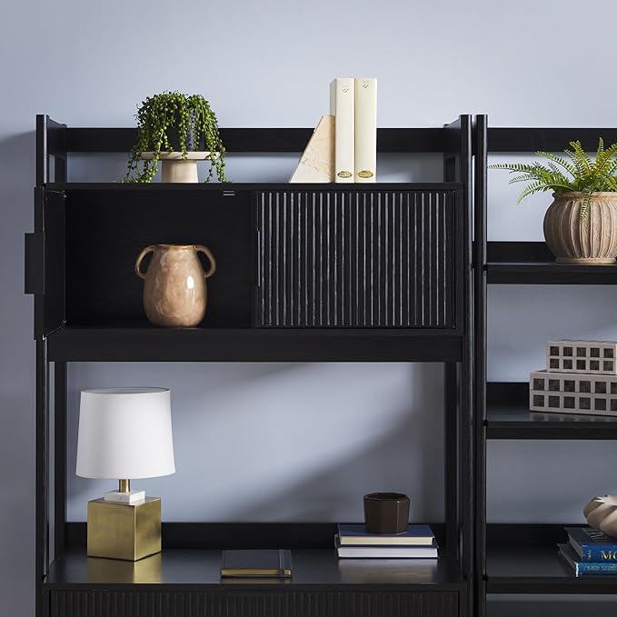Walker Edison Transitional 2-Piece Hutch Desk with Wide Bookcase, Reeded Drawer Fronts, Built-in outlets and USB Ports, Set of 2, Black
