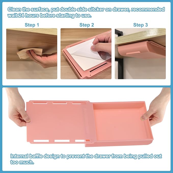 PATIKIL Under Desk Drawer, 4 Pcs Under Table Storage Self-Adhesive Attachment Drawers Organizer for Pens Standing Desk Office Studio Home, Pink, Large